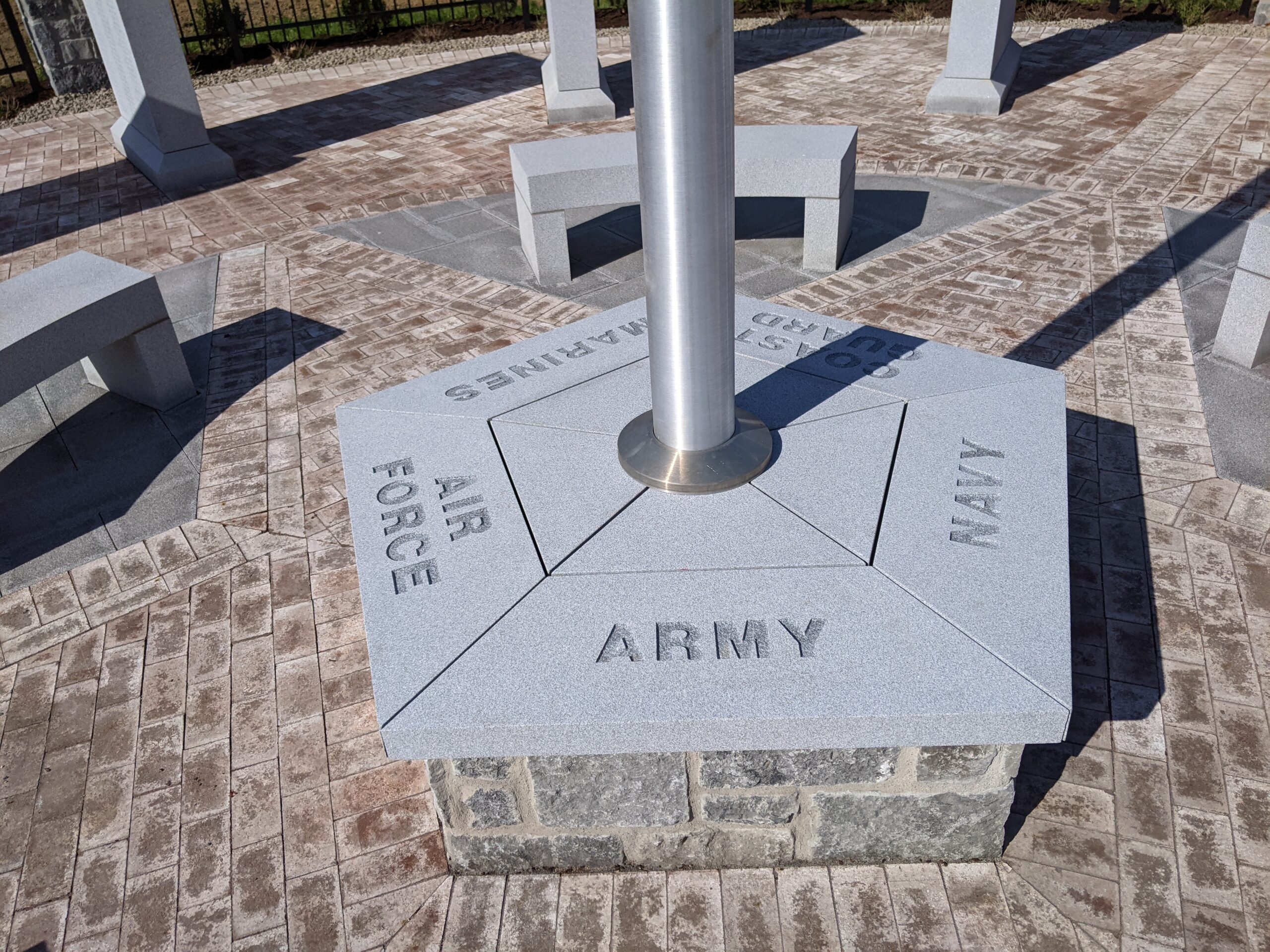 A flag pole contains the names of U.S. military branches